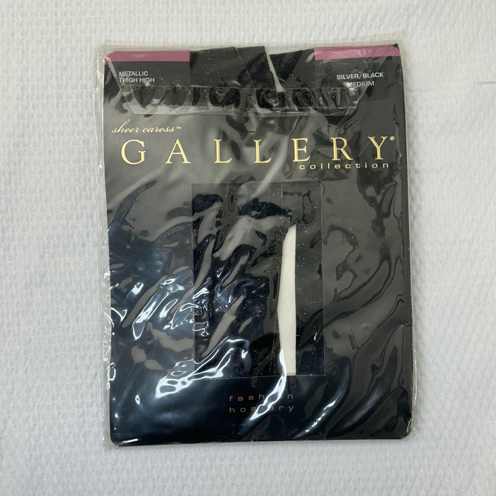 Gallery‎ Collection Sheer Caress Metallic Thigh High Stockings Silver Black Med